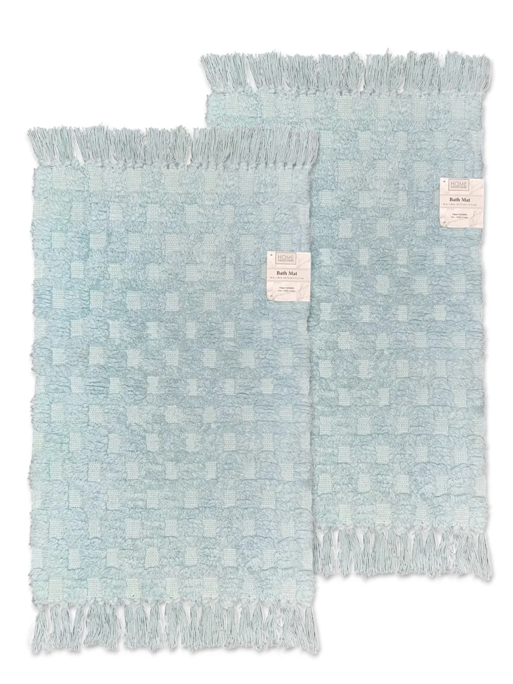 Home Collections Checkered Fringe Bath Mats Cotton Set of Two Aqua Blue 18x28 NW